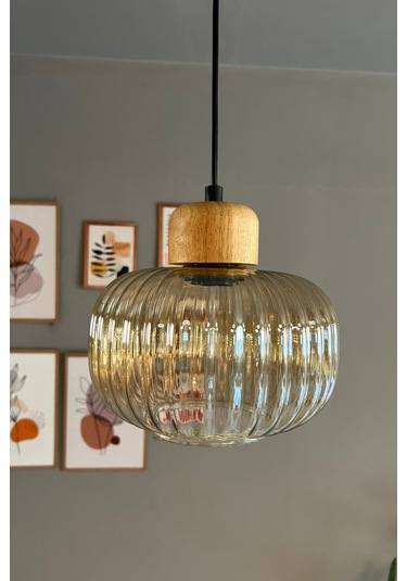 Mola Cam Bal Rengi Tekli Avize Geniş Ahşap Başlık Retro Sarkıt Lamba Restoran Salon Aydınlatma Bal