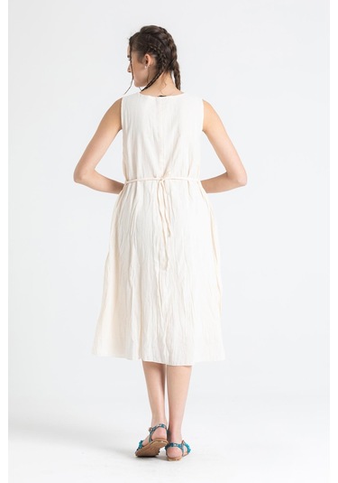 Kolsuz Şile Bezi Mehtap Midi Boy Elbise Krem Krm-krem