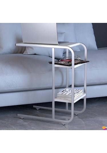 Modilayn C Yan Sehpa Dar Boy Tekerlekli Çalışma, Atıştırmalık, Yemek, Laptop Sehpası Çiçekli Beyaz Beyaz