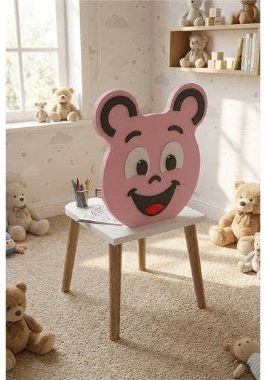 Çocuk Masası & Çocuk Sandalyesi Happy Face Sevimli Figürlü Set Pembe