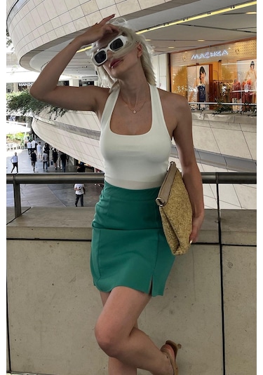 Madmext Yeşil Yüksek Bel Önden Yırtmaçlı Kısa Etek Mg2086 Yeşil