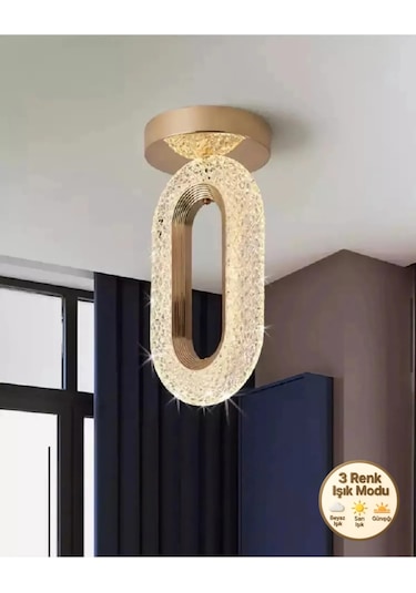 Alfa Kristal Ledli Avize Tavana Sıfır Gold Sarı Gövde 3 Renk Modu Gold