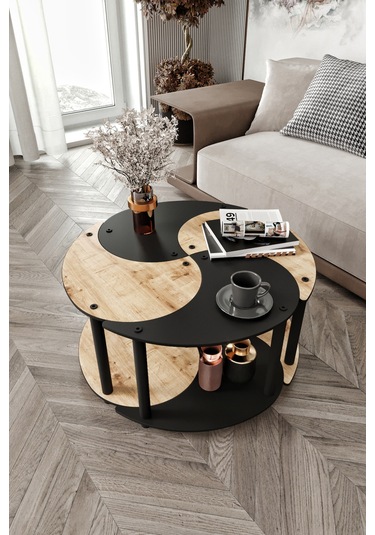 Yin Yang Unıty Serenıty Orta Sehpa 4 Lü Siyah Meşe 70 Cm Meşe