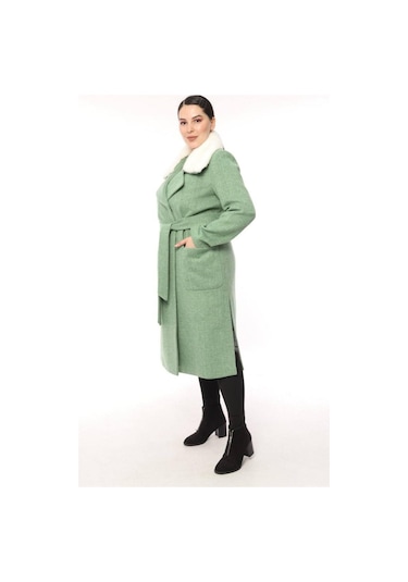 Lady Sharm Natural Kaşmir Astarlı Boynu Vizon Kaban Mint Yeşili
