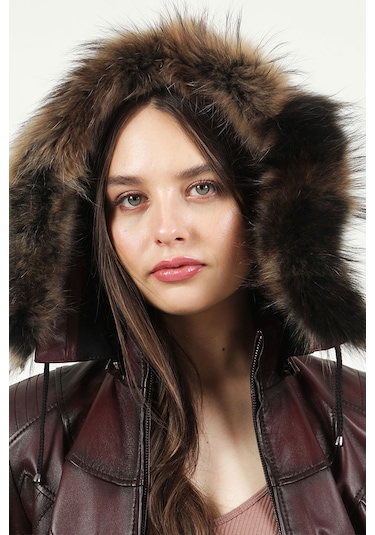 Dericlub Mistral Kadın Kapüşonlu Hakiki Deri Kaban Bordo Bordo