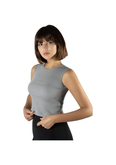 Gri Fitted/vücuda Oturan Crop Halter Yaka Fitilli Esnek Örme Bluz Atlet Gri