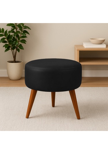 Siyah Deri Puf Demonte Ayaklı Modern Oturma Ve Dekoratif Sehpa Siyah