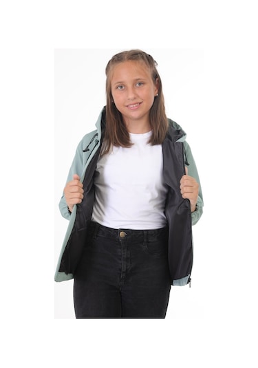 Freemen İçi Astarlı Su ve Rüzgar Geçirmez Kapüşonlu Çift Fermuarlı Cepli Kız Çocuk Hırka - Mint Yeşili