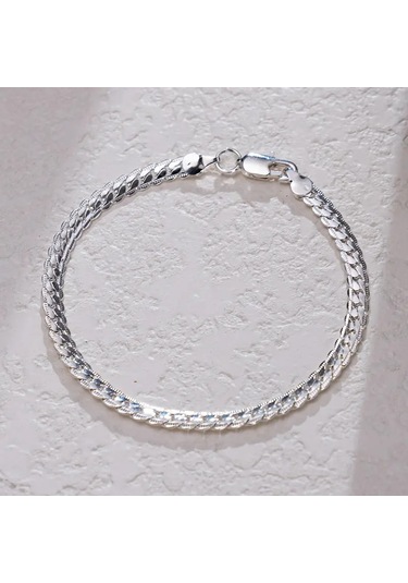 Gümüş İtalyan Ezme Yassı Yılan Çelik Unisex Set Tak... Silver