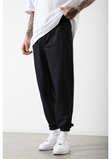 Smile Face Siyah Jogger Eşofman Altı - Paça Baskı Detaylı Lastik Paça Baskılı Rahat Tarz Siyah