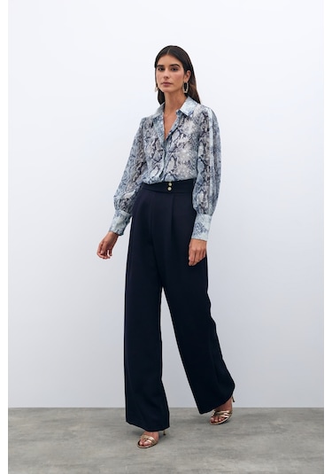 Sateen Bel Detaylı Pantolon - Lacivert