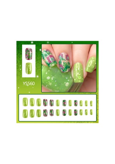 St. Patrick Günü Kısa Simli Parlak Takma Tırnaklar Yonca Çiçeği Taze Takma Tırnaklar 24 Parça Aletler Dahil Ys560