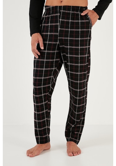 Buratti  Ekoseli Cepli Beli Lastikli % 100 Pamuk Regular Fit Erkek Pijama Takımı 6572001 Siyah