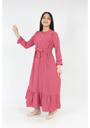 Kız Cocuk Uzun Elbise Aerobin Keten Kumaş Tesettür Uzun Boydan Elbise Gül Kurusu