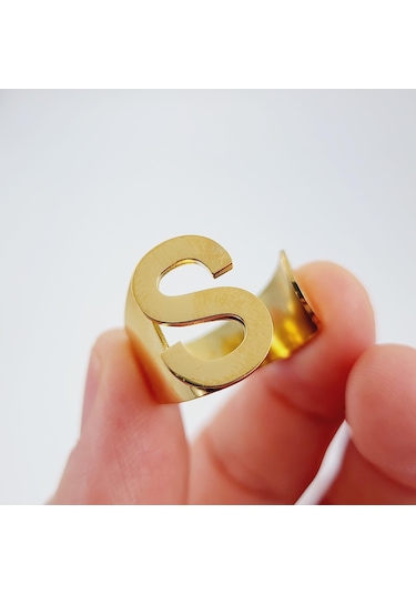 Çelik Gold Düz Kesim Harf Yüzük -s Harfi- Ayarlı Ölçü-1906