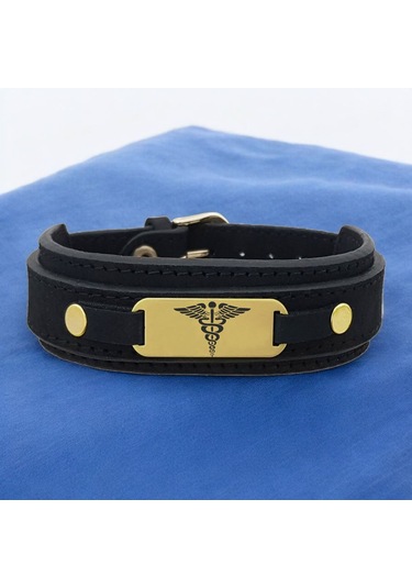 Archin Kadüse Temalı Doğal Siyah Derili Oval Motifli 14 Ayar Altın Plakalı Hediye Bileklik-438sembol Kadüse