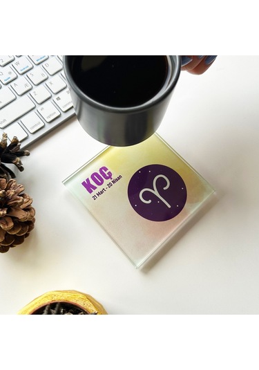 Decorita Cam Bardak Altlığı Burçlar - Koç Burcu 4'lü Takım 10 x 10 CM Çok Renkli