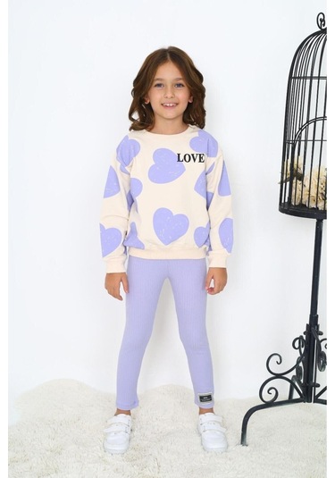 Kalp Baskılı Kız Çocuk Alt Üst Takım Gri - Pudra