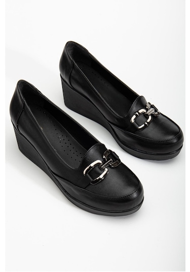 Kadın Dolgu Topuklu Ayakkabı Siyah Yüzlü Tokalı-3674 Siyah