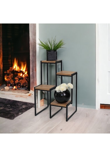 Metal Saksılık 4 Ahşap Raflı Dekoratif Saksı Standı Garden Çam