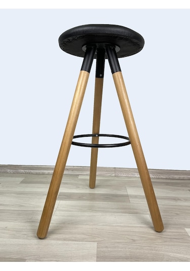 Banco Bar Sandalyesi, Bar Taburesi 74cm Ahşap Ayak Siyah Deri Oturak Çok Renkli