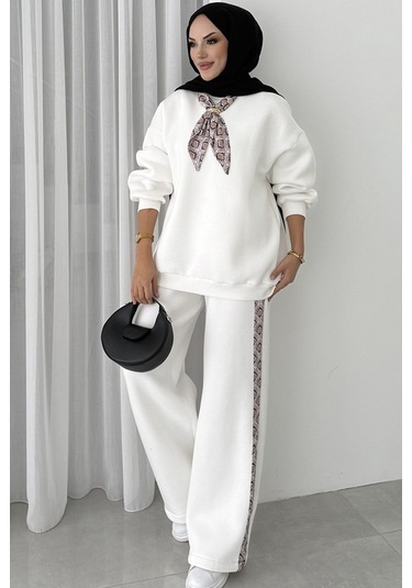 Fularlı Üç İplik İkili Takım 1654 - Beyaz Beyaz