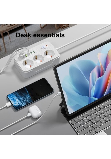 Xuweiwei Beyaz Yeni Cok Fonksiyonlu 6 Prizli 3 Usb A 3 Type C 2 Metre Uzatma Kablosu Ev Ofis Mutfak Garaj İcin