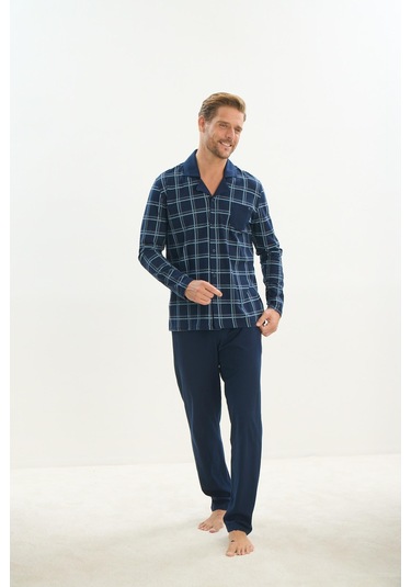 Erkek Uzun Kol Gömlek Yaka Önden Düğmeli Lacivert Pijama Takım C9t1n5o9 001