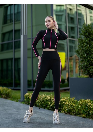 Menton Neon Pembe Biyeli Siyah Spor Tayt Siyah - Pembe