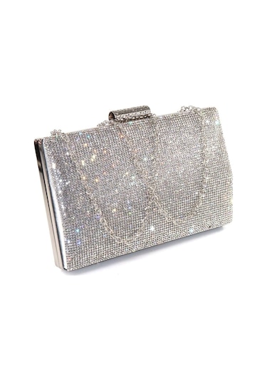 Taşlı Clutch Abiye Çanta Gümüş