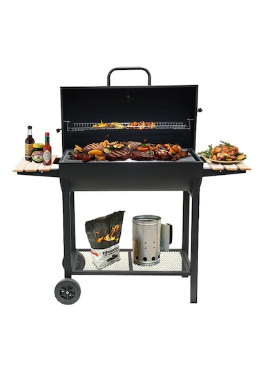 Tekerlekli Kömürlü Dikdörtgen Ahşap Sehpalı Bbq Dökme Demir Kömür