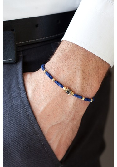 Uşaklıhafız 14 Ayar Altın Mavi Ipli Dorikalı Erkek Bilekliği Sarı Altın