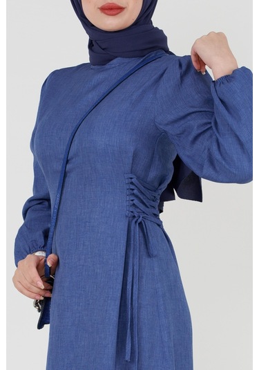 Yanı Bağcıklı Keten Elbise-mavi-3368-mavi Mavi