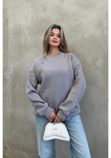 Şeker Pembe Basic Bisiklet Yaka Oversize Sweatshirt Taş