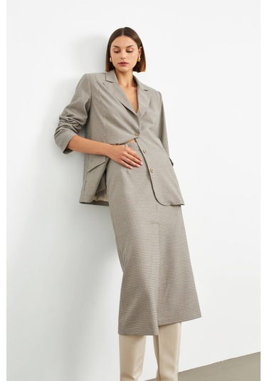 Stella Pulvis Kahverengi Pötikare Yırtmaçlı Midi Kalem Etek Kahverengi