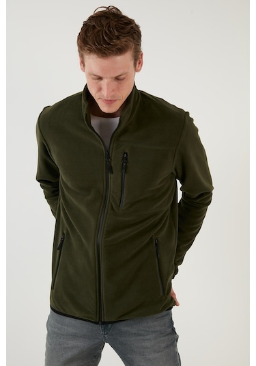 Buratti Slim Fit Fermuarlı Cepli Dik Yaka Polar Erkek Hırka 5906028 Haki