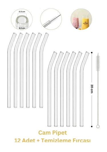 12 Adet Borosilikat Cam Pipet Seti + Temizleme Fırçası Isıya Dayanıklı, Yeniden Kullanılabilir Şeffaf