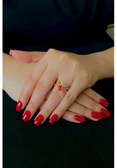 Kadın Yüzük İthal Zirkon Kararmaz Kalp Çicek Ayarlanabilir Kadın Yüzük Altın