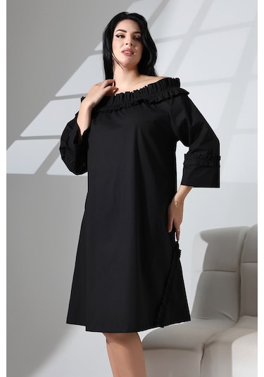 Schık Schık Kadın Yaka Büzgülü Kol Ve Etek Ucu Fırfır Detay Cepli Elbise Siyah Sckwm24el02 Siyah