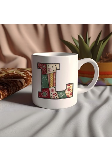 L Harfi Yılbaşı Temalı Kupa Bardak - Yeni Yıl Konsept Yamalı Efekt Tasarım - Noel Hediye Beyaz