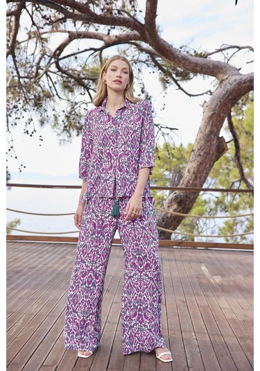 Monamise Kadın Desenli Önü Düğmeli Gömlek Yaka Alt Üst Takım 25017 Yeşil