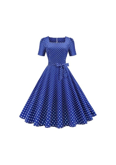 Vintage Puantiyeli Elbise Klasik Film Tarzı Tasarım Kare Zarif Zamansız Retro Yaka Kadın Elbise Mavi