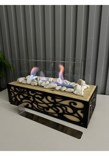 Esha Home Ahşap Masa Üstü Siyah Ahşap İşlemeli Bioethanol Şömine Sertifikalı Yakıt Ve Dekoratif Taş