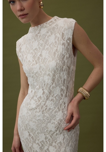 Sateen Dantel Kolsuz Elbise - Bej-137061 Bej