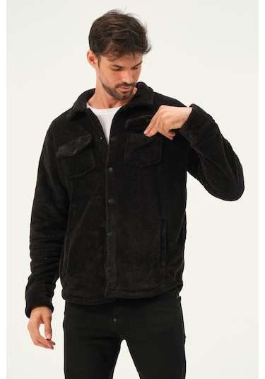 Erkek Çıt Çıt Detaylı Cepli Peluş Ceket Siyah