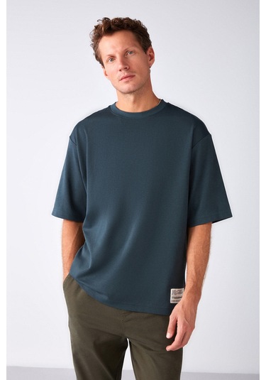 Joel Erkek %100 Organik Pamuklu Kalın Kumaşlı Özel Dokulu Etiket Detaylı Oversize Yeşil T-shirt