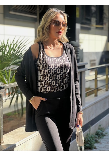 Modasize Kadın Uzun Kollukrep Üçlü Takım Siyah