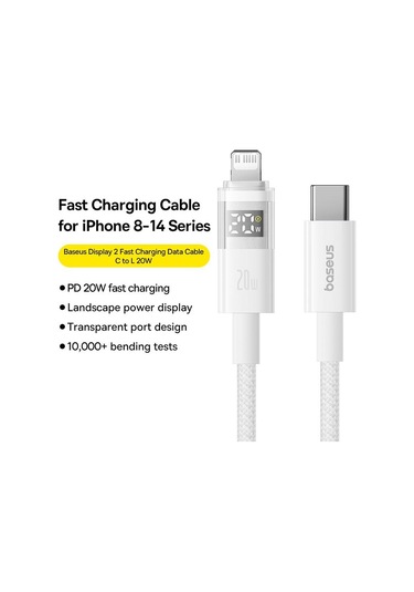 Baseus Display 20w Type-c - 8 Pin Hızlı Şarj Kablosu, Uzunluk:2m Cbtx