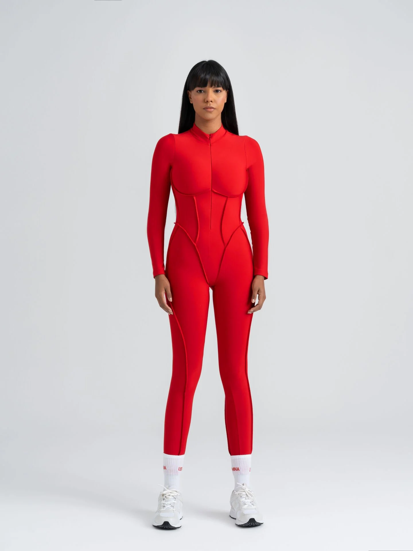Dikişle Modellenmiş Spor Tayt Tulum Kırmızı