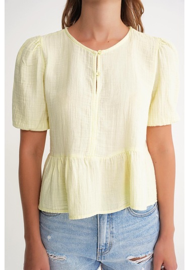4713 Kadın Beli Büzgülü Kolu Lastikli Bol Müslin Bluz Pastel Sarısı Pastel Sarısı